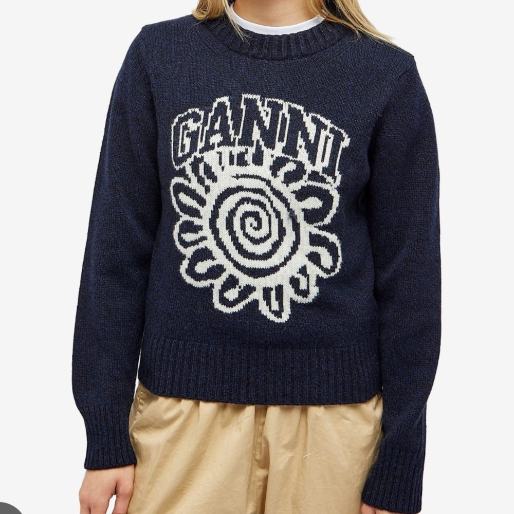 Ganni Navy Crewneck Sweater with Cream Graphic Flower